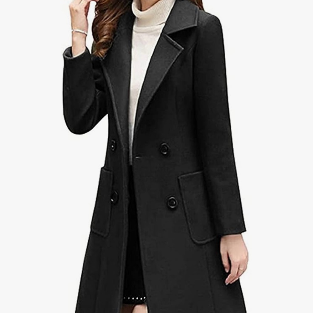 Bankeng Women Winter Wool Blend Mid-Long Coat Double-Breasted Lapel Jacket XS